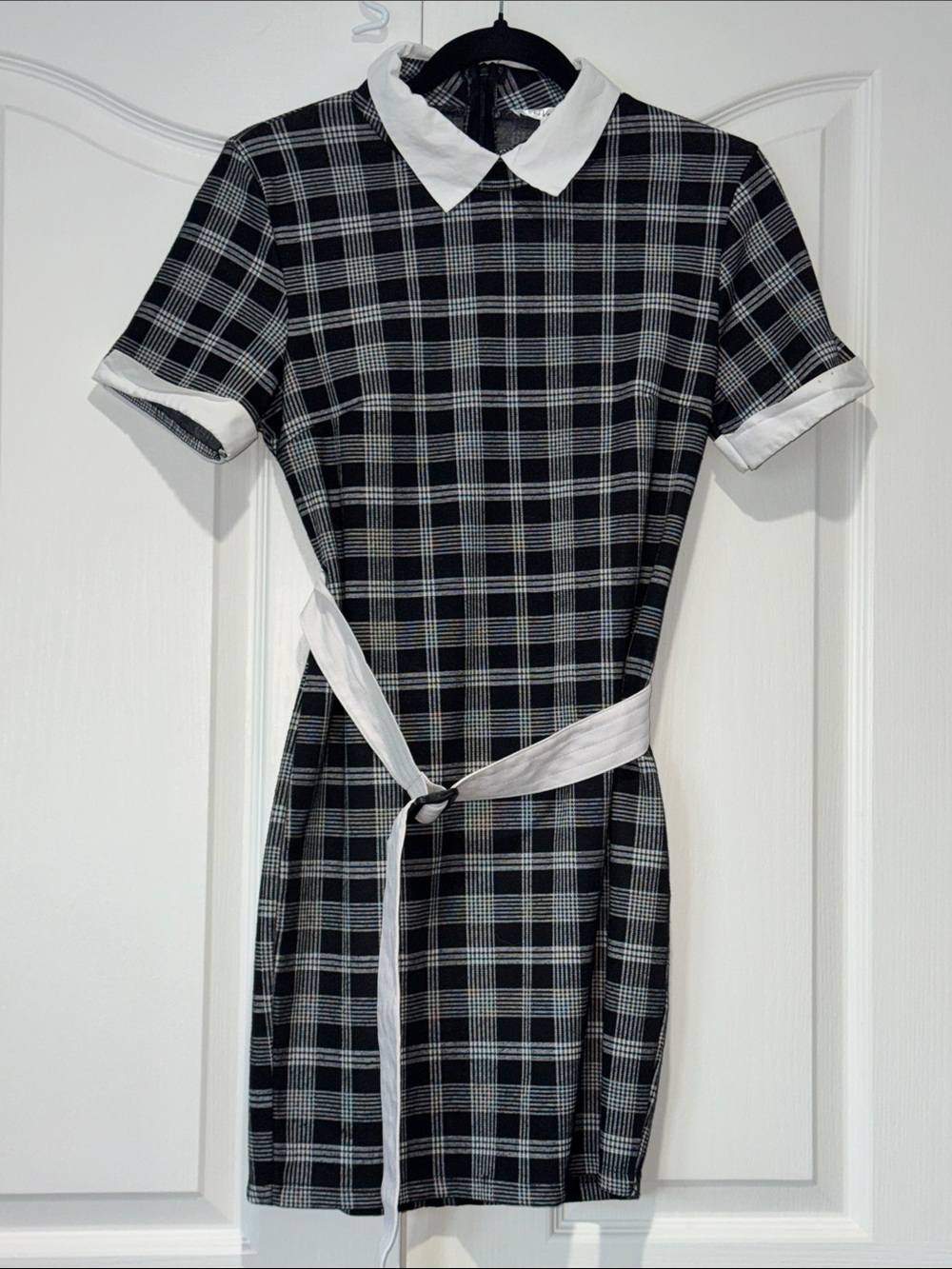 Revamped Black & White Plaid Mini Dress with White Collar